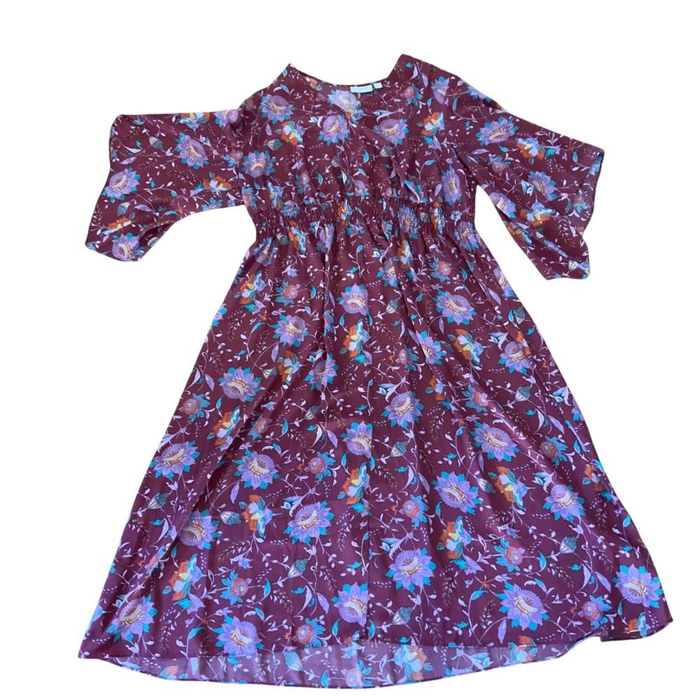 Belle by Kim Gravel Boho Dress Womens 2X Burgundy Floral Smocked Bell Sleeve